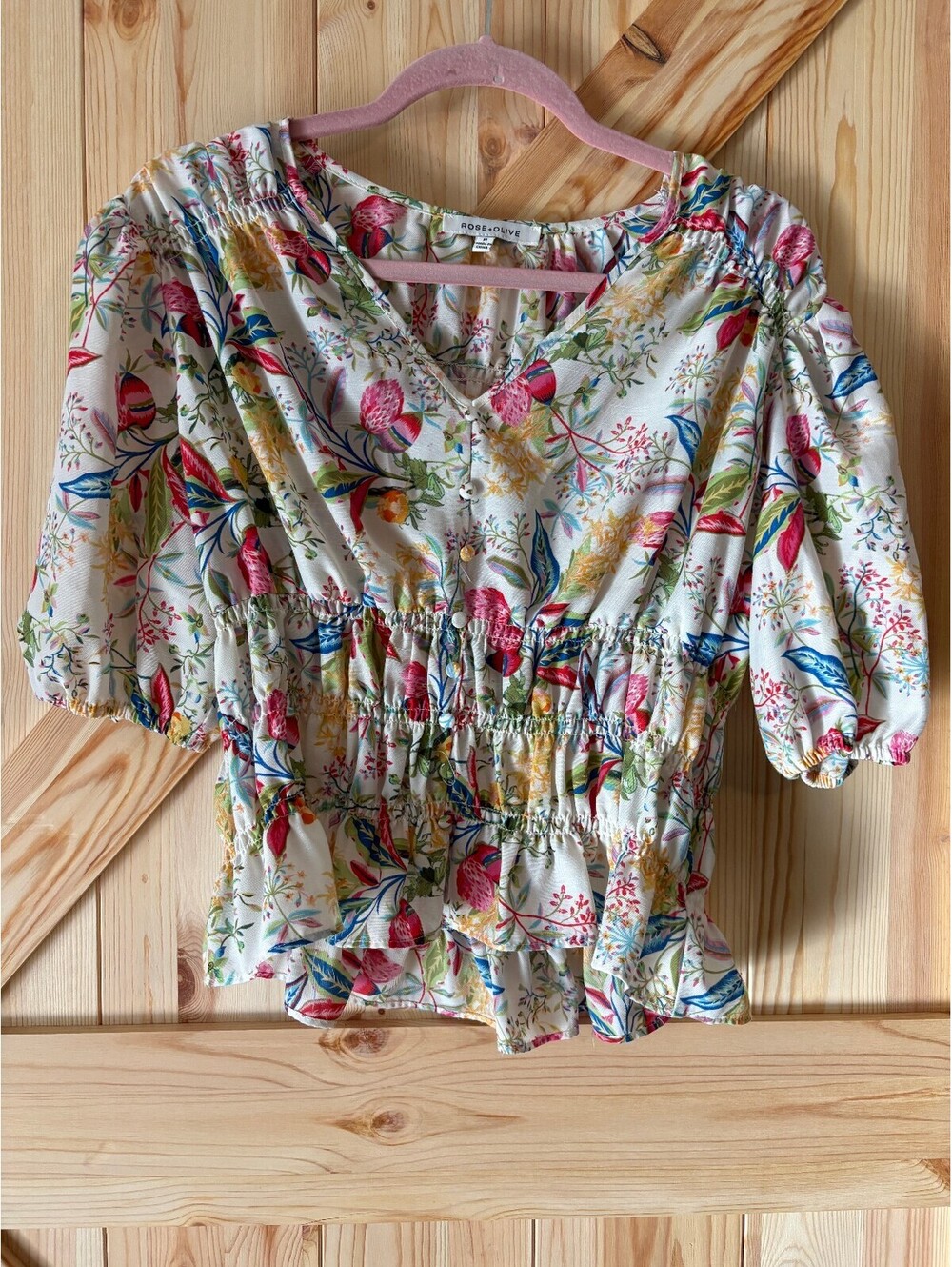 Rose + Olive Floral Print Puff Sleeve Blouse, Size M
